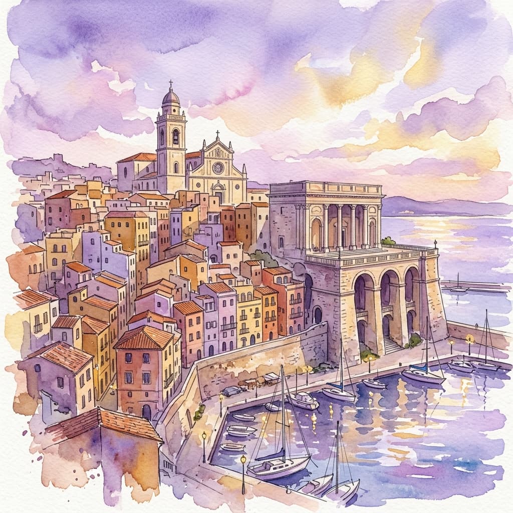 Acquerello di Cagliari vista dal mare, con il Bastione di Saint Remy