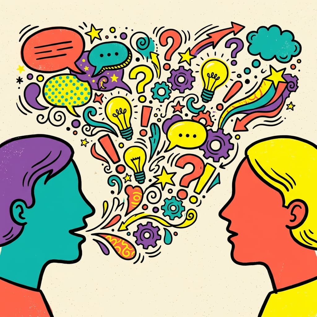 Illustrazione di due persone che si parlano, tra punti di domanda e lampadine